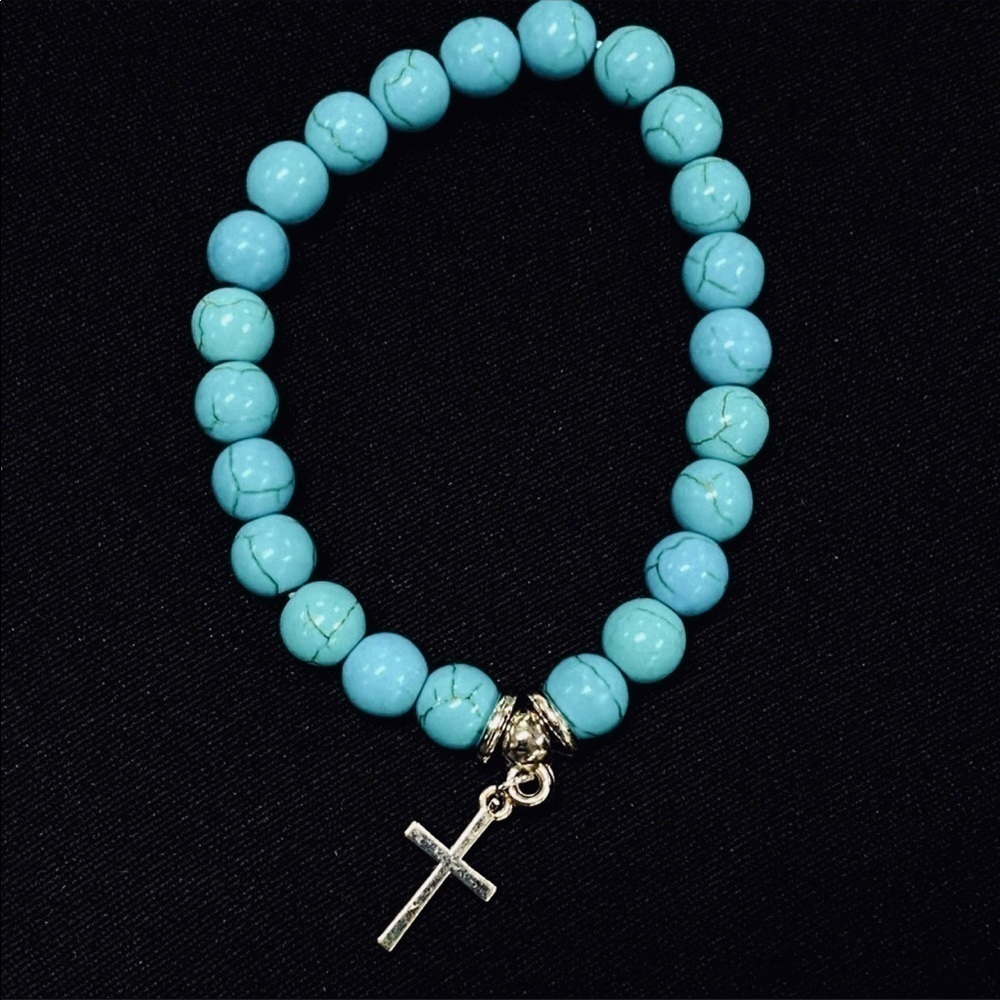 NEW Turquoise Mala Bead Bracelet Silver Cross Pendant